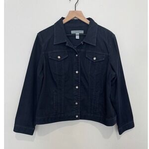Chicos Platinum Denim Black Rhinestone Button Jean Jacket Trucker XL Size 3 Chic